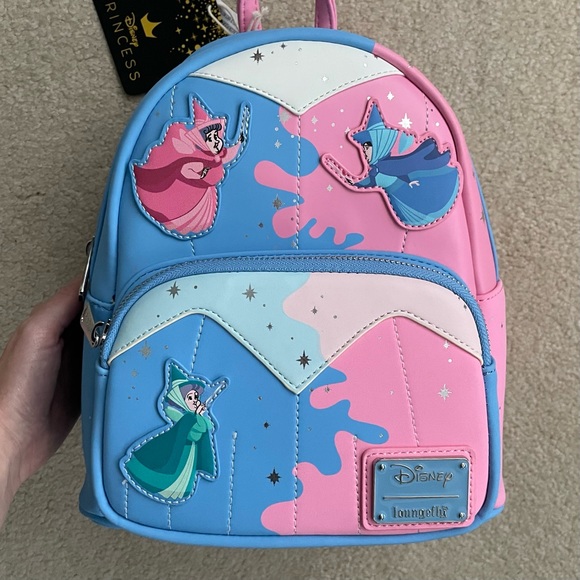 Loungefly Sleeping Beauty Fairy Godmothers Make it Pink / Blue Mini Backpack - Picture 3 of 16